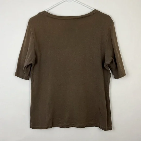 Karen Scott shortsleeved tee with button detail on v-neck brown M - Picture 2 of 7